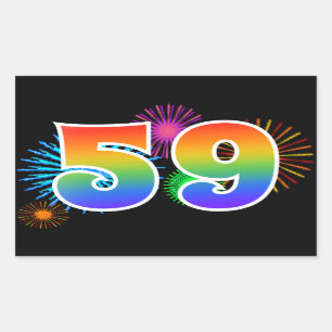 Fun Fireworks + Rainbow Pattern "59" Event Number Sticker