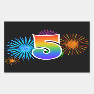 Fun Fireworks + Rainbow Pattern "5" Event Number Sticker