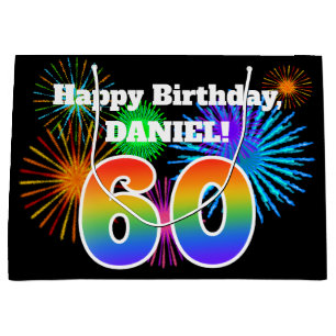 Fun Fireworks + Rainbow Pattern "60" Birthday # Large Gift Bag