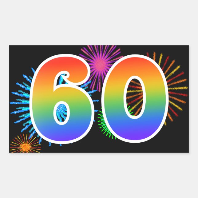 Fun Fireworks + Rainbow Pattern "60" Event Number Sticker (Front)