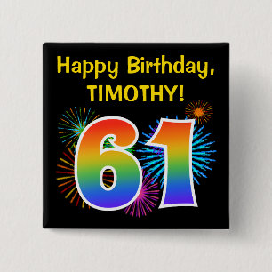 Fun Fireworks + Rainbow Pattern "61" Birthday # 2 Inch Square Button