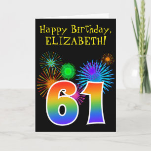 Fun Fireworks + Rainbow Pattern "61" Birthday # Card