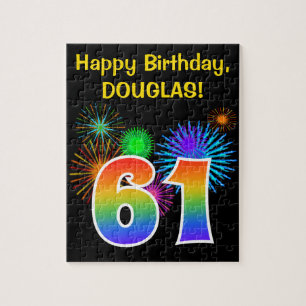 Fun Fireworks + Rainbow Pattern "61" Birthday # Jigsaw Puzzle