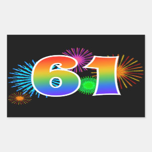 Fun Fireworks + Rainbow Pattern "61" Event Number Sticker