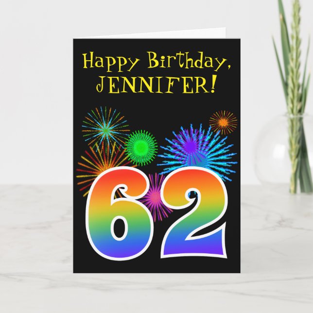 Fun Fireworks + Rainbow Pattern "62" Birthday # Card (Front)