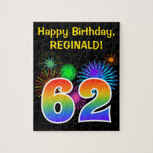Fun Fireworks + Rainbow Pattern "62" Birthday # Jigsaw Puzzle