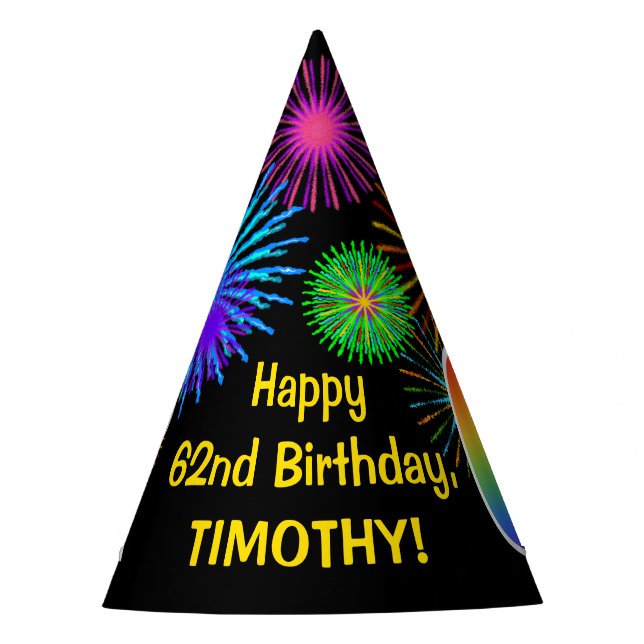 Fun Fireworks + Rainbow Pattern "62" Birthday # Party Hat (Front)