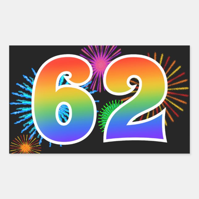 Fun Fireworks + Rainbow Pattern "62" Event Number Sticker (Front)