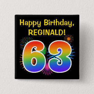 Fun Fireworks + Rainbow Pattern "63" Birthday # 2 Inch Square Button