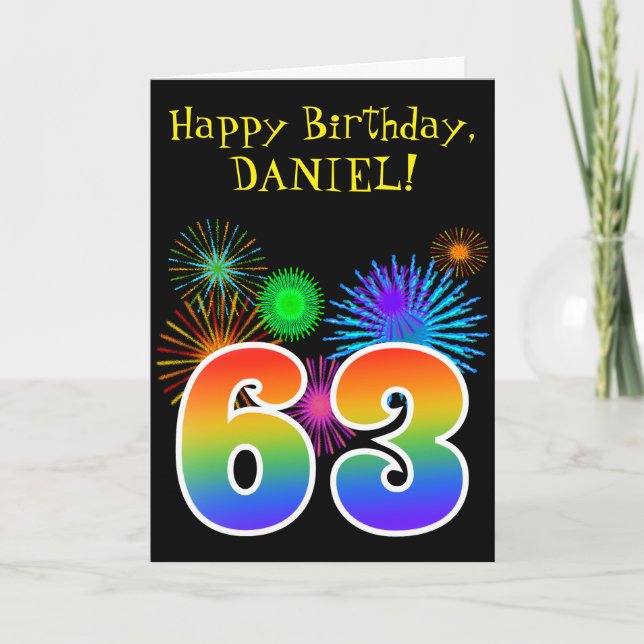 Fun Fireworks + Rainbow Pattern "63" Birthday # Card (Front)