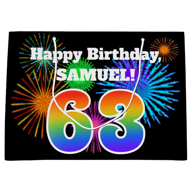 Fun Fireworks + Rainbow Pattern "63" Birthday # Large Gift Bag (Front)