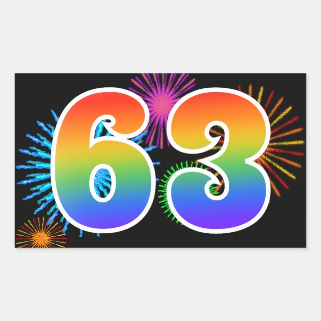 Fun Fireworks + Rainbow Pattern "63" Event Number Sticker (Front)