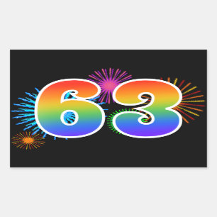 Fun Fireworks + Rainbow Pattern "63" Event Number Sticker