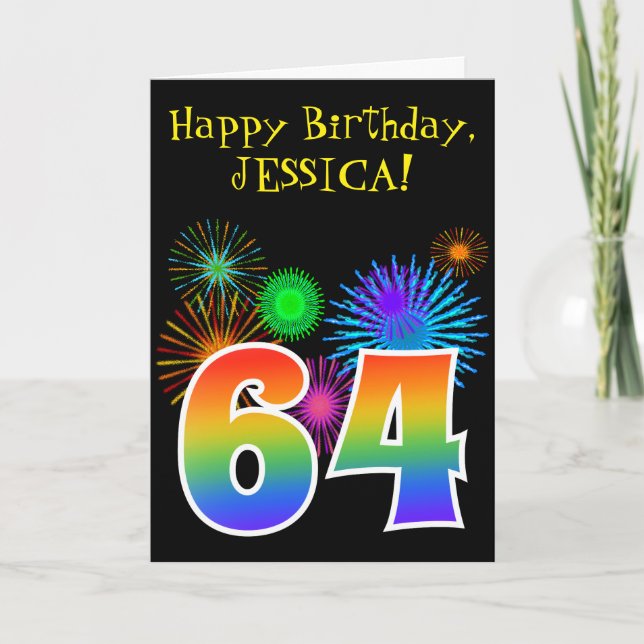 Fun Fireworks + Rainbow Pattern "64" Birthday # Card (Front)