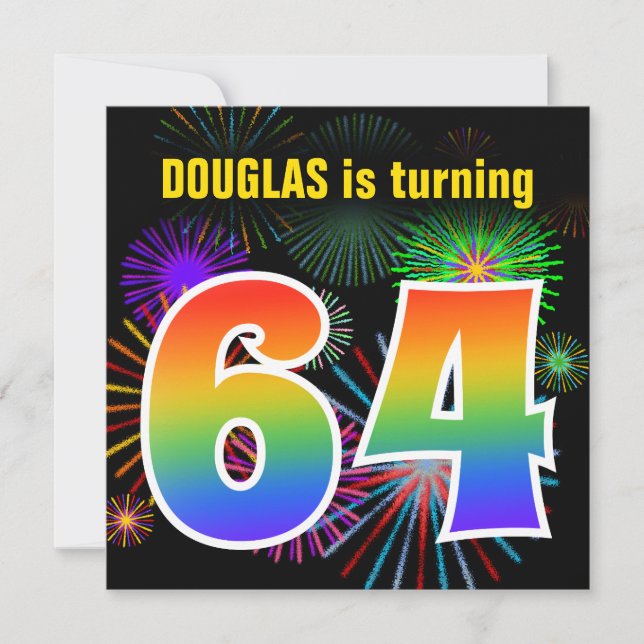 Fun Fireworks + Rainbow Pattern "64" Birthday # Invitation (Front)