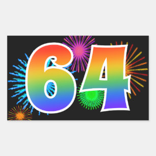 Fun Fireworks + Rainbow Pattern "64" Event Number Sticker