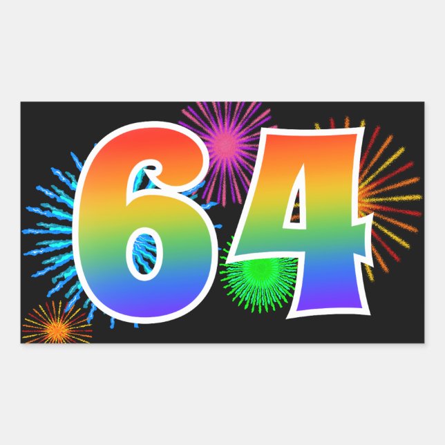 Fun Fireworks + Rainbow Pattern "64" Event Number Sticker (Front)