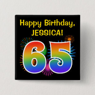 Fun Fireworks + Rainbow Pattern "65" Birthday # 2 Inch Square Button