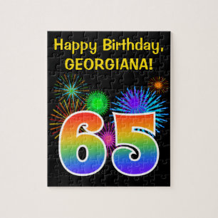 Fun Fireworks + Rainbow Pattern "65" Birthday # Jigsaw Puzzle