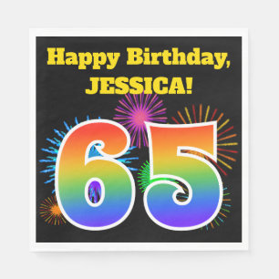 Fun Fireworks + Rainbow Pattern "65" Birthday # Napkin