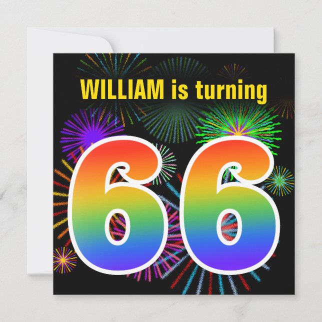 Fun Fireworks + Rainbow Pattern "66" Birthday # Invitation (Front)