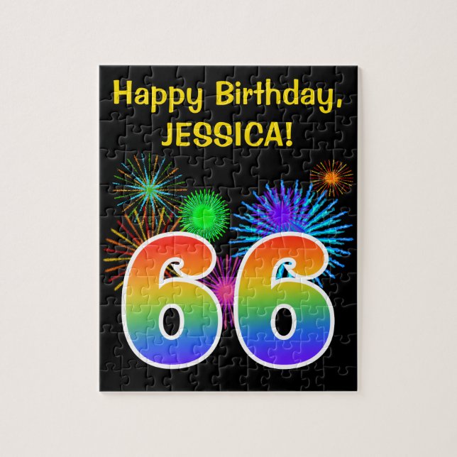 Fun Fireworks + Rainbow Pattern "66" Birthday # Jigsaw Puzzle (Vertical)