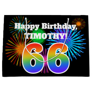 Fun Fireworks + Rainbow Pattern "66" Birthday # Large Gift Bag