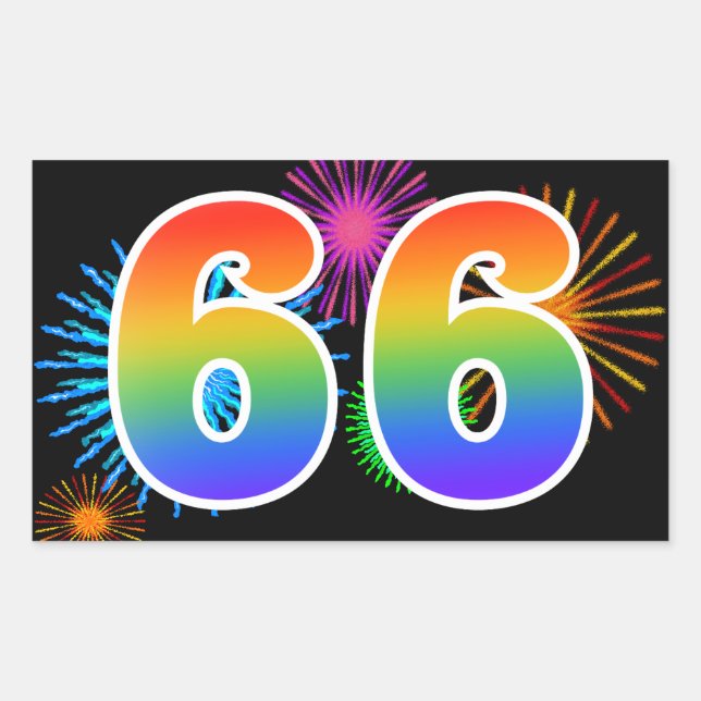 Fun Fireworks + Rainbow Pattern "66" Event Number Sticker (Front)
