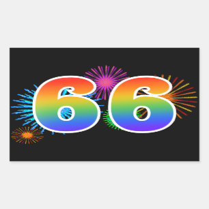Fun Fireworks + Rainbow Pattern "66" Event Number Sticker