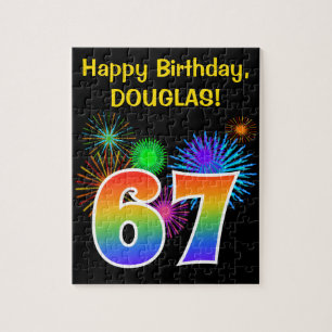 Fun Fireworks + Rainbow Pattern "67" Birthday # Jigsaw Puzzle