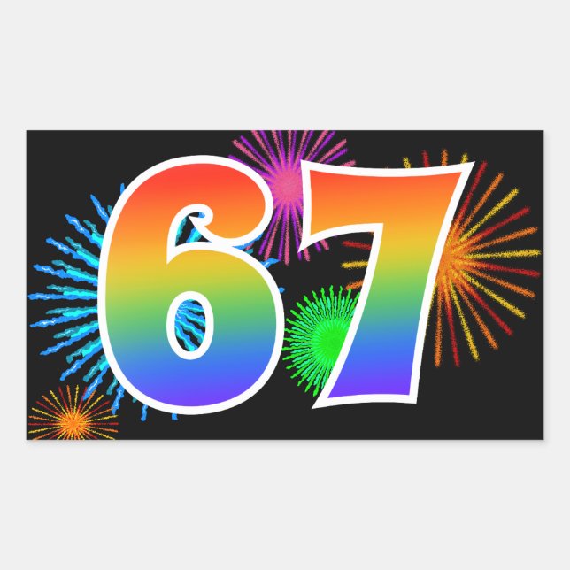 Fun Fireworks + Rainbow Pattern "67" Event Number Sticker (Front)