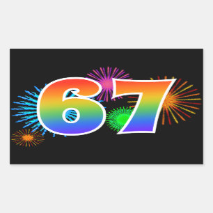 Fun Fireworks + Rainbow Pattern "67" Event Number Sticker