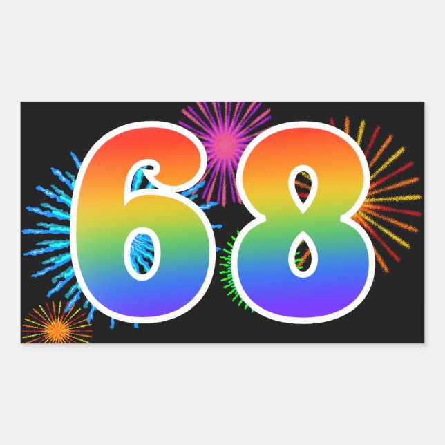 Fun Fireworks + Rainbow Pattern "68" Event Number Sticker (Front)