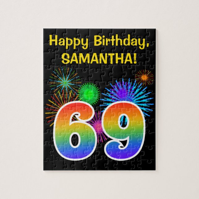 Fun Fireworks + Rainbow Pattern "69" Birthday # Jigsaw Puzzle (Vertical)