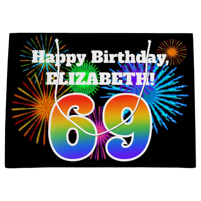 Fun Fireworks + Rainbow Pattern "69" Birthday # Large Gift Bag (Front)