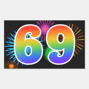 Fun Fireworks + Rainbow Pattern "69" Event Number Sticker