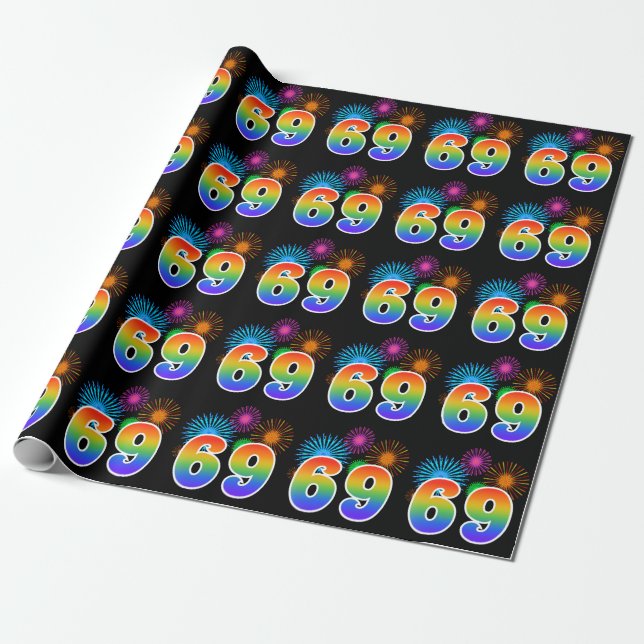Fun Fireworks + Rainbow Pattern "69" Event Number Wrapping Paper (Unrolled)