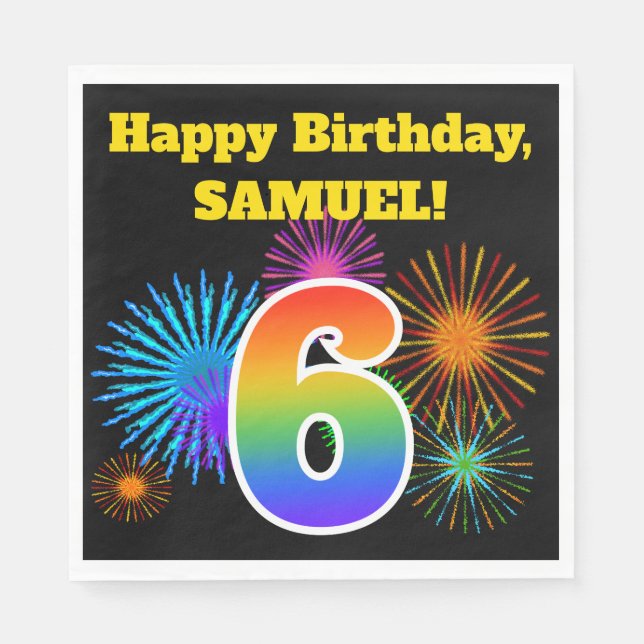 Fun Fireworks + Rainbow Pattern "6" Birthday # Napkin (Front)