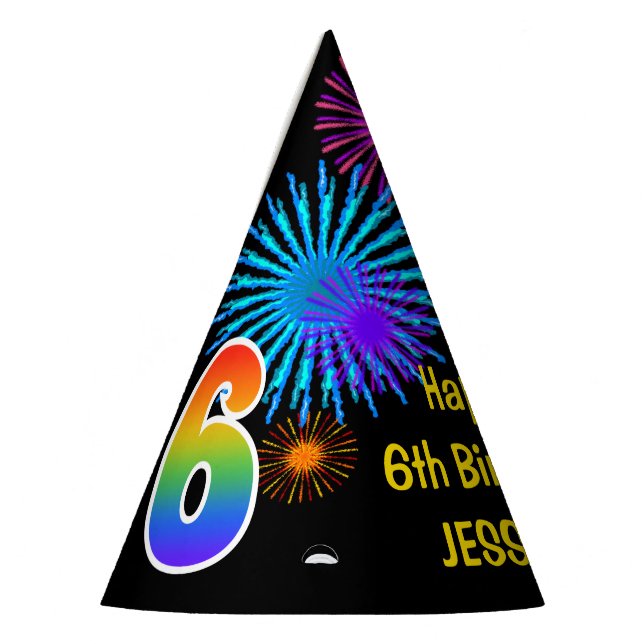 Fun Fireworks + Rainbow Pattern "6" Birthday # Party Hat (Left)