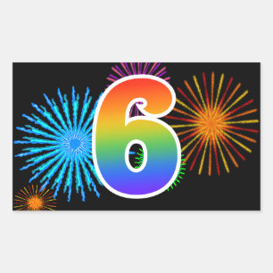 Fun Fireworks + Rainbow Pattern "6" Event Number Sticker