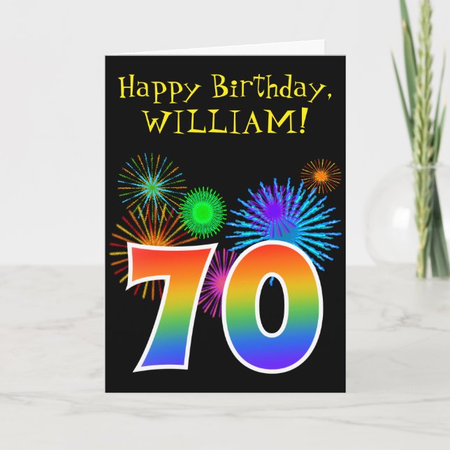 Fun Fireworks + Rainbow Pattern "70" Birthday # Card (Front)