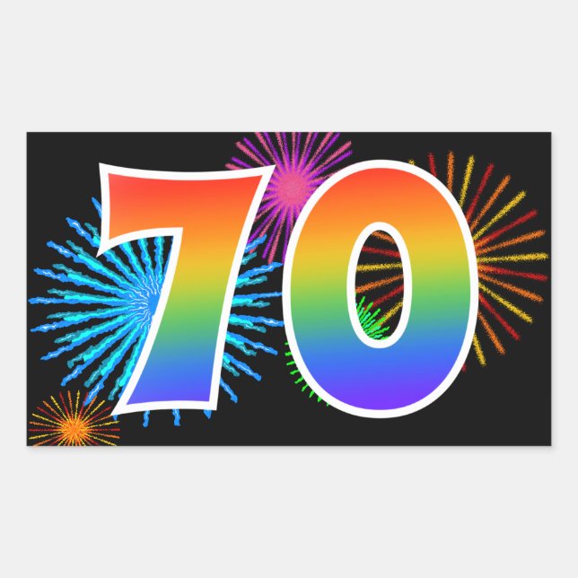 Fun Fireworks + Rainbow Pattern "70" Event Number Sticker (Front)