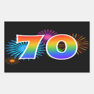 Fun Fireworks + Rainbow Pattern "70" Event Number Sticker