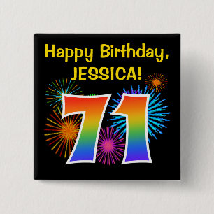 Fun Fireworks + Rainbow Pattern "71" Birthday # 2 Inch Square Button