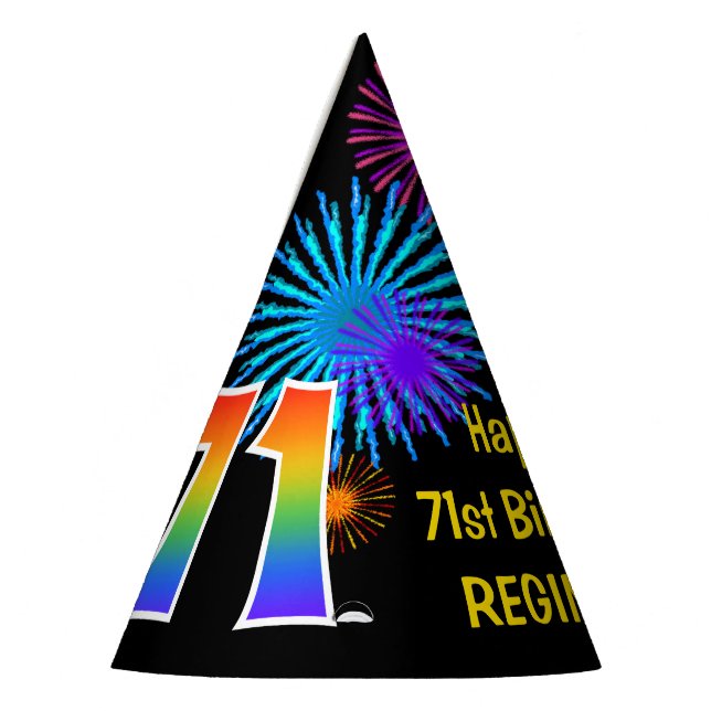 Fun Fireworks + Rainbow Pattern "71" Birthday # Party Hat (Left)
