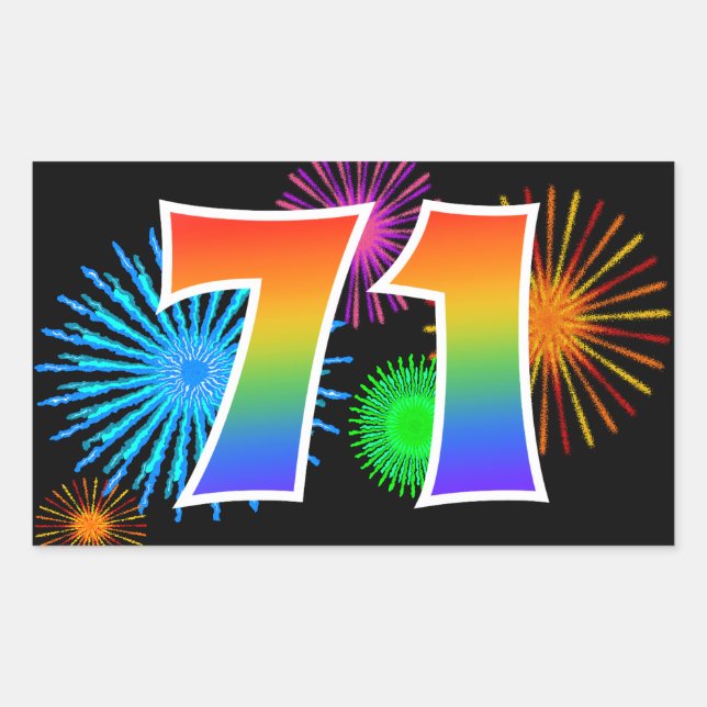 Fun Fireworks + Rainbow Pattern "71" Event Number Sticker (Front)