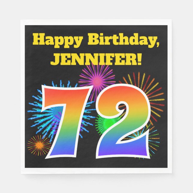 Fun Fireworks + Rainbow Pattern "72" Birthday # Napkin (Front)