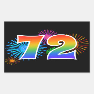 Fun Fireworks + Rainbow Pattern "72" Event Number Sticker