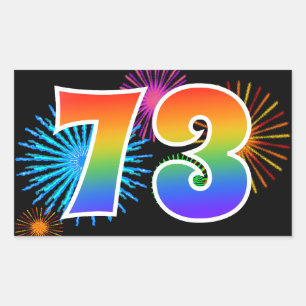 Fun Fireworks + Rainbow Pattern "73" Event Number Sticker