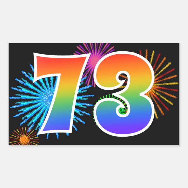 Fun Fireworks + Rainbow Pattern "73" Event Number Sticker (Front)